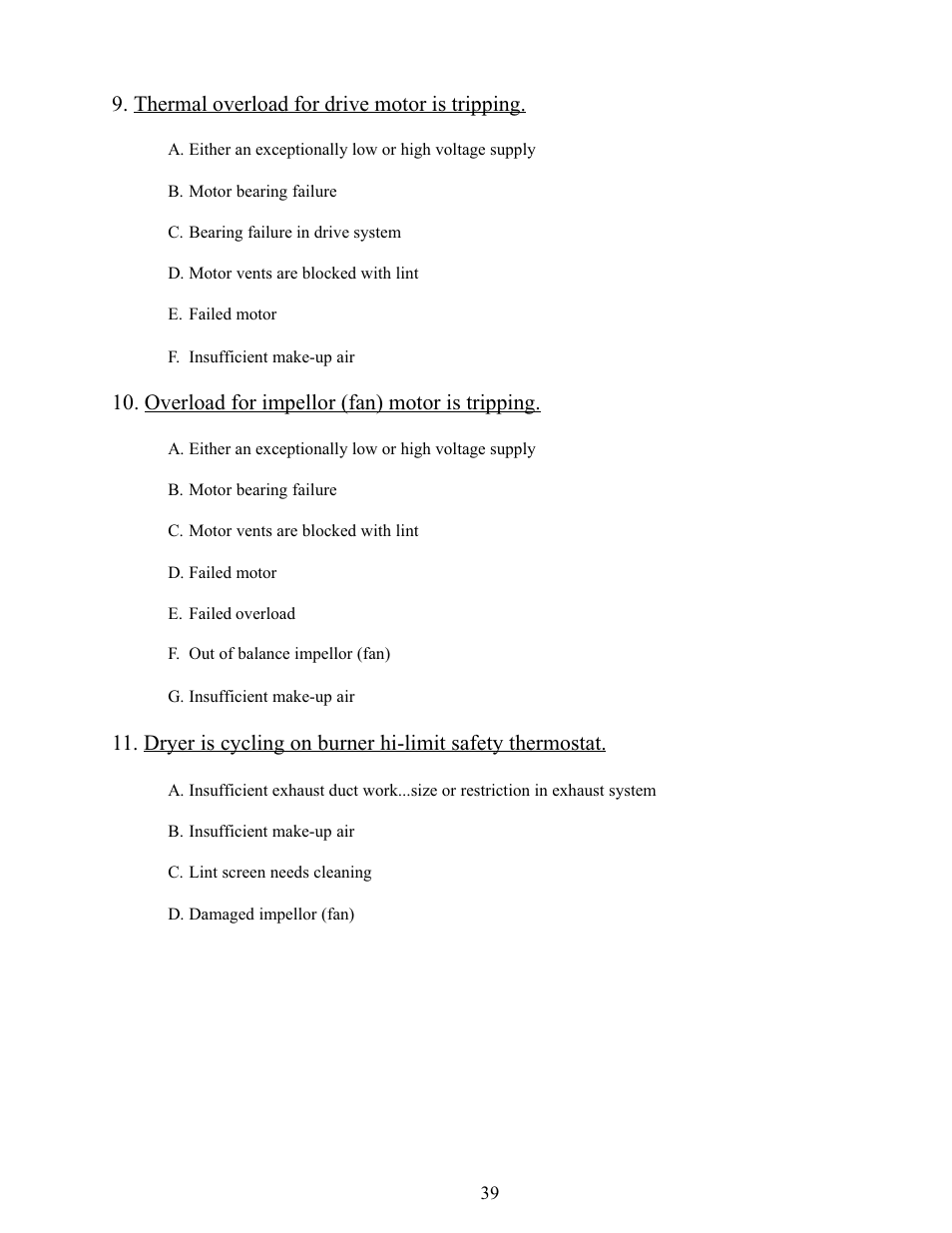 Thermal overload for drive motor is tripping, Overload for impellor (fan) motor is tripping | American Dryer Corp. Phase 5 Microprocessor AD-170 User Manual | Page 43 / 64