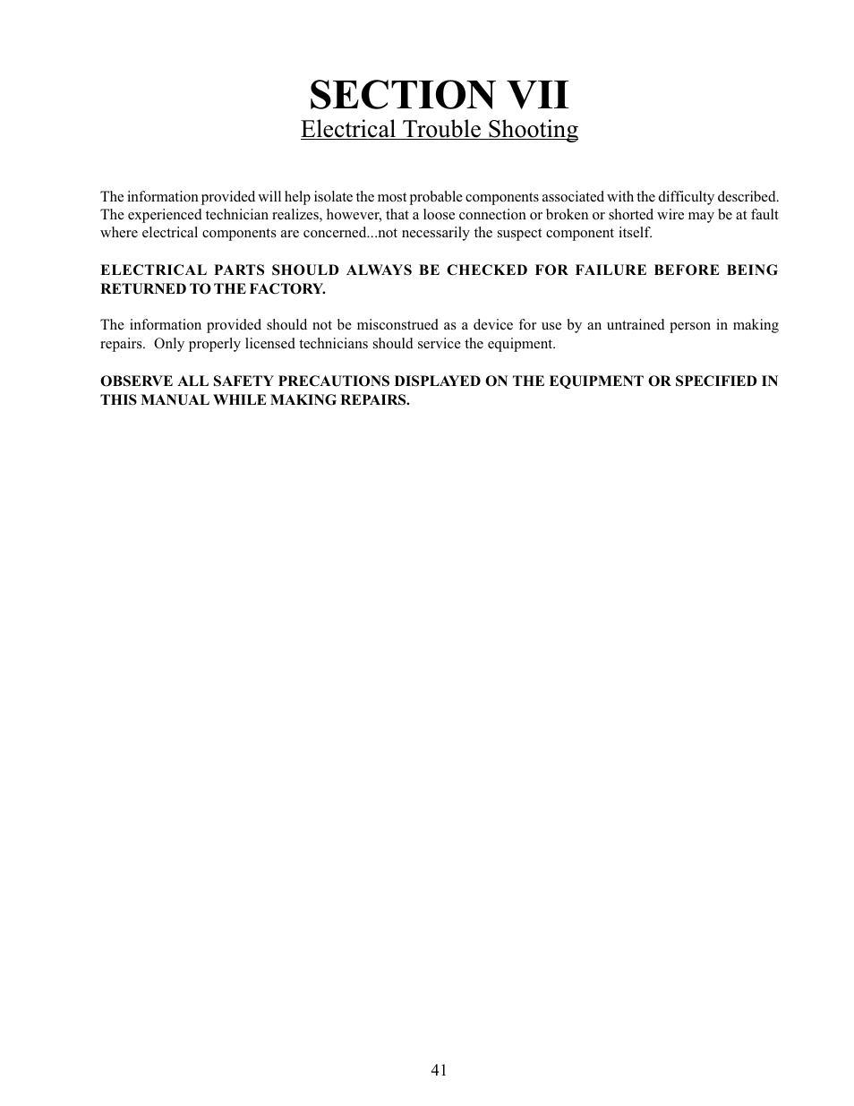 Section vii, Electrical troubleshooting, Electrical trouble shooting | American Dryer Corp. Phase 5 Microprocessor AD-170 User Manual | Page 45 / 64