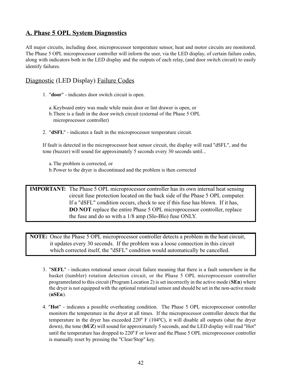 A. phase 5 opl system diagnostics, Diagnostic (led display) failure codes | American Dryer Corp. Phase 5 Microprocessor AD-170 User Manual | Page 46 / 64