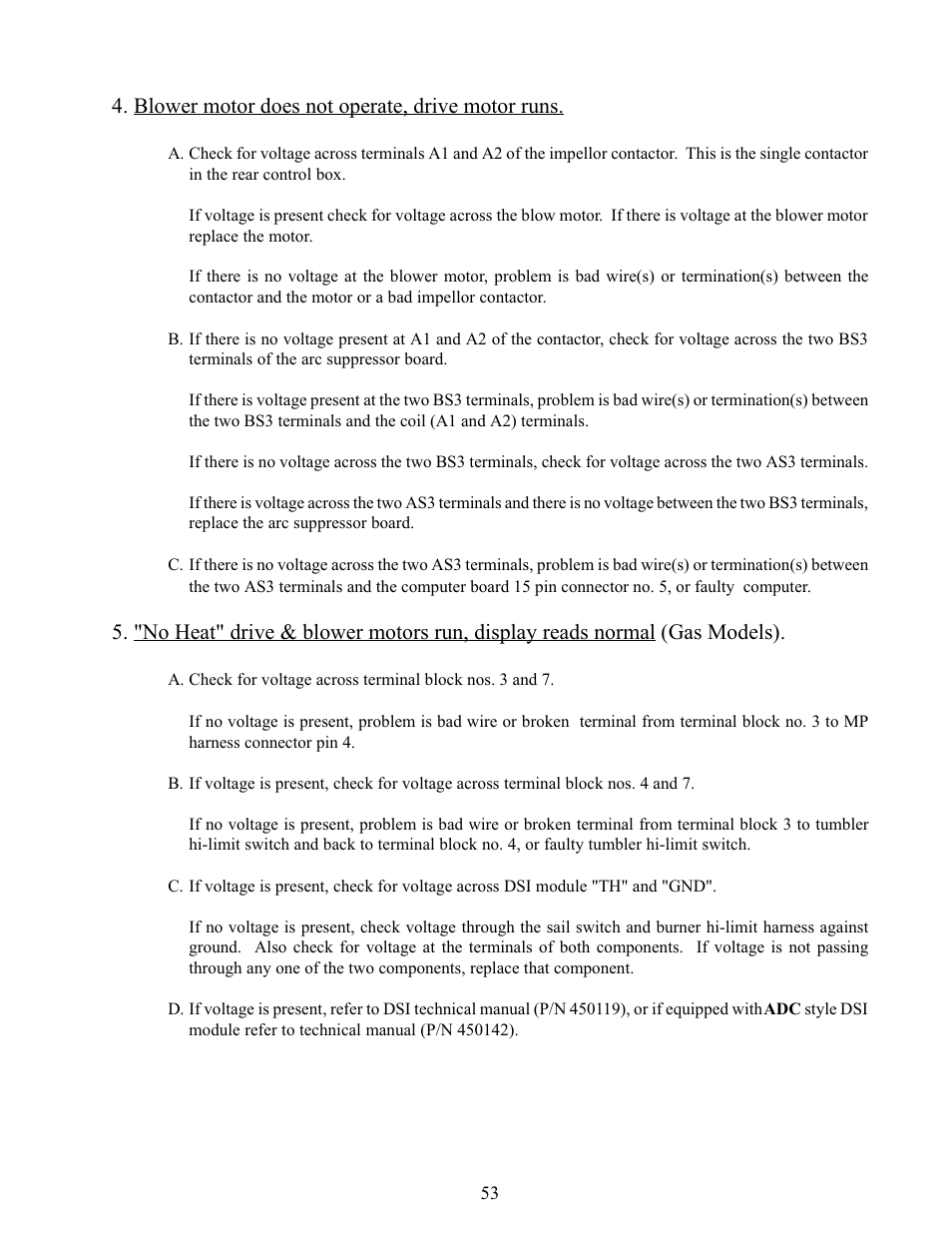 Blower motor does not operate, drive motor runs | American Dryer Corp. Phase 5 Microprocessor AD-170 User Manual | Page 57 / 64