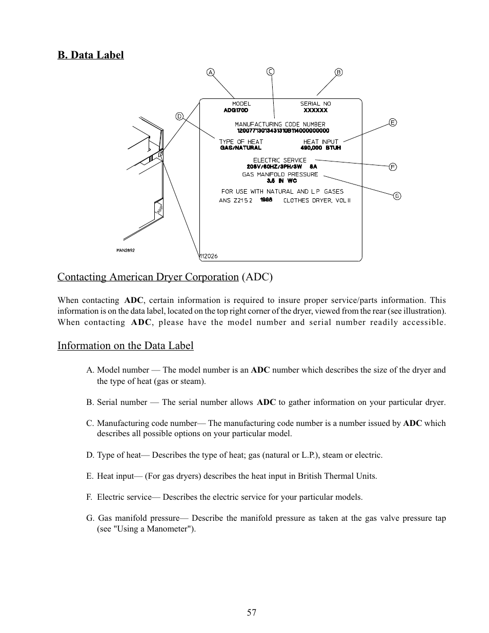 B. data label | American Dryer Corp. Phase 5 Microprocessor AD-170 User Manual | Page 61 / 64