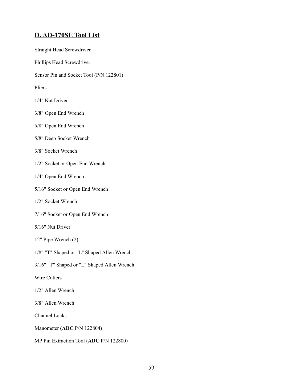 D. ad-170 tool list, D. ad-170se tool list | American Dryer Corp. Phase 5 Microprocessor AD-170 User Manual | Page 63 / 64