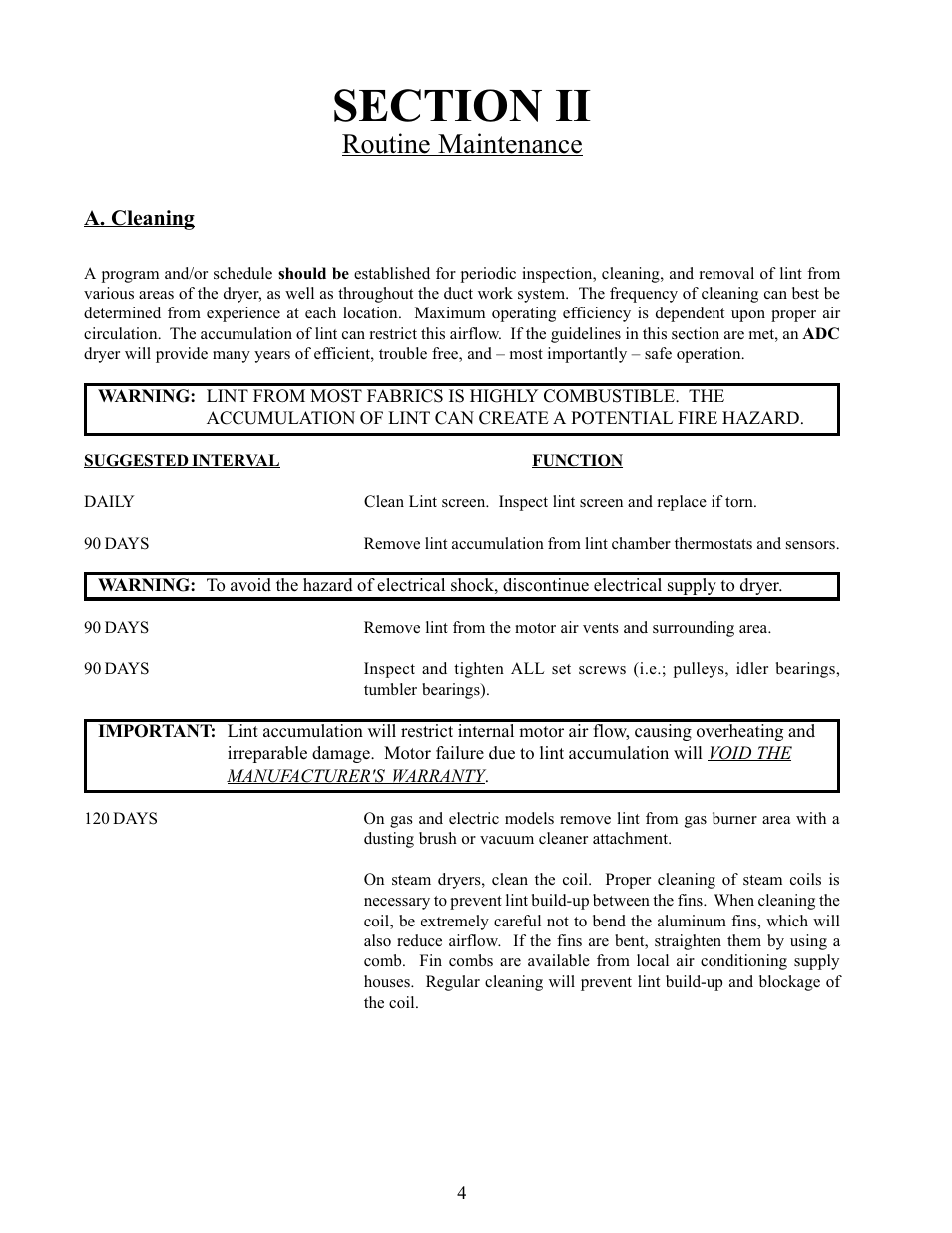 Section ii, Maintenance, A. cleaning | Routine maintenance | American Dryer Corp. Phase 5 Microprocessor AD-170 User Manual | Page 8 / 64