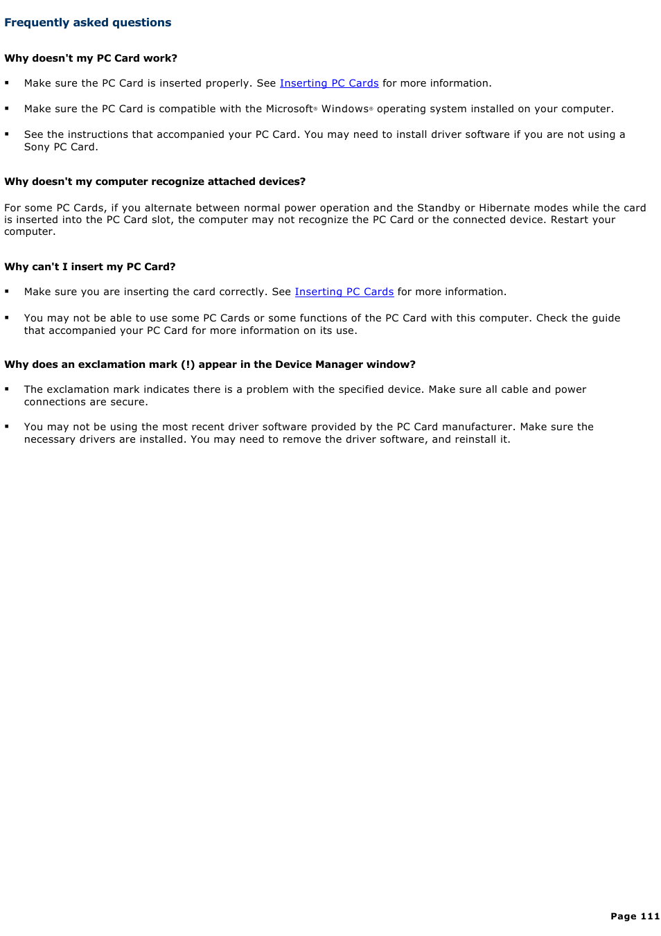 Frequently asked questions | Sony PCG-K20P User Manual | Page 111 / 149