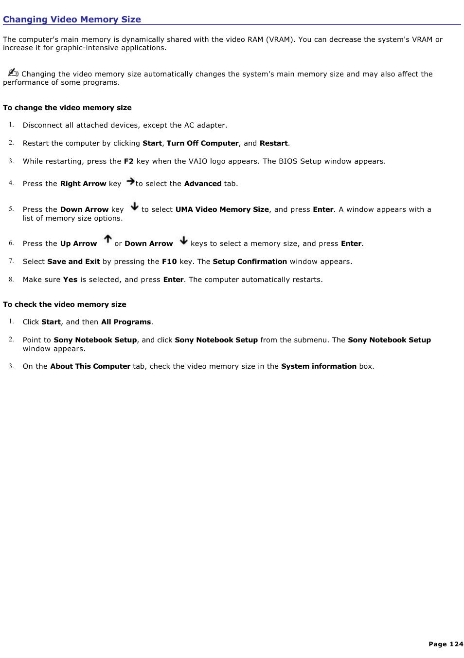 Changing video memory size | Sony PCG-K20P User Manual | Page 124 / 149