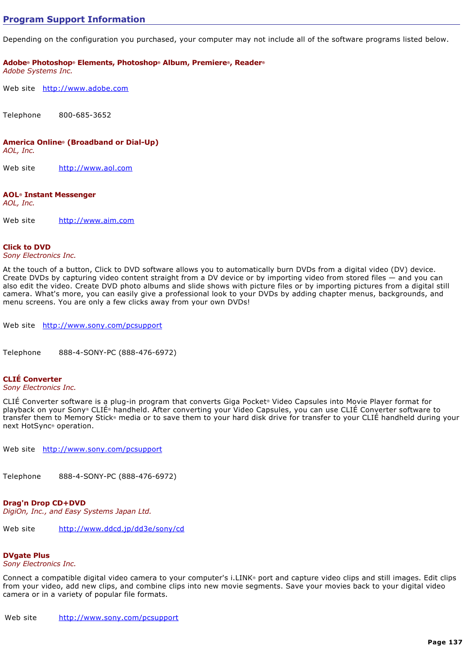 Program support information | Sony PCG-K20P User Manual | Page 137 / 149