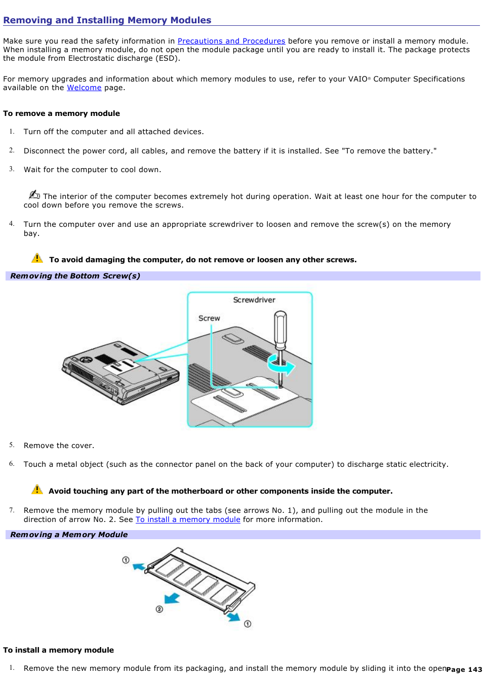 Removing and installing memory modules | Sony PCG-K20P User Manual | Page 143 / 149