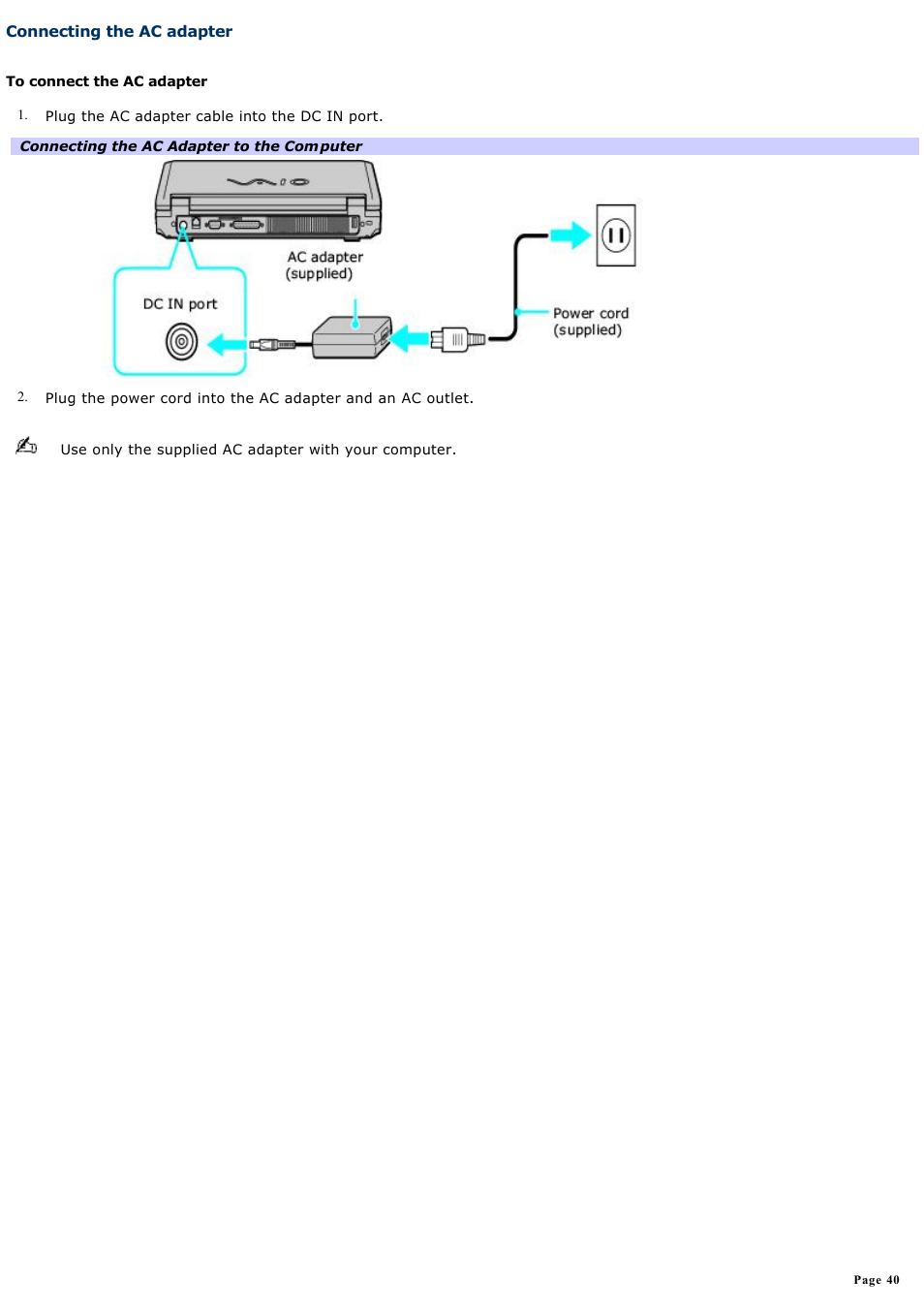 Connecting the ac adapter | Sony PCG-K20P User Manual | Page 40 / 149