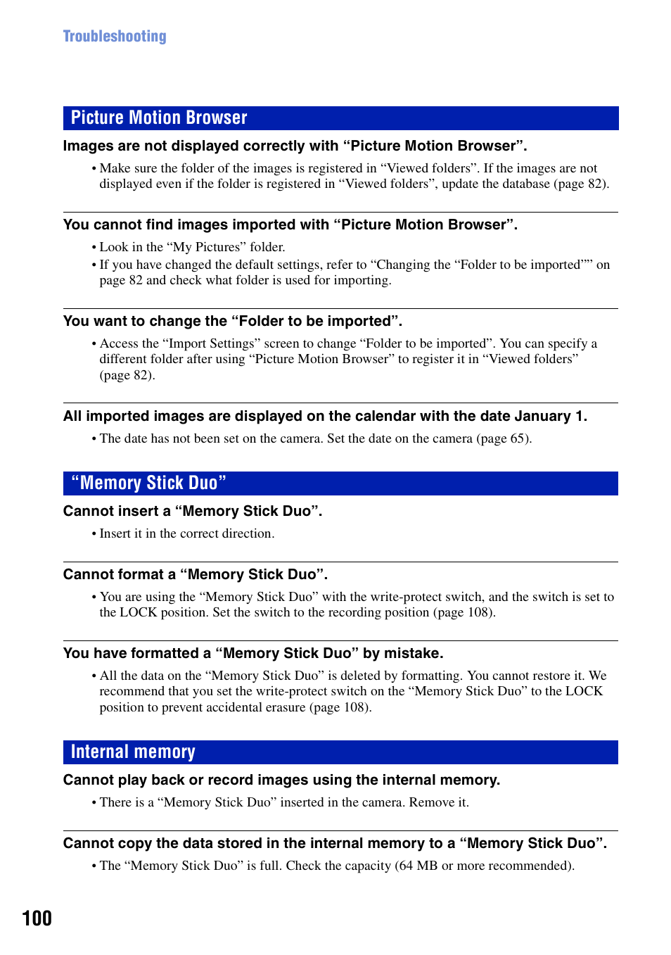 Picture motion browser, Memory stick duo, Internal memory | Sony DSC-T10 User Manual | Page 100 / 116