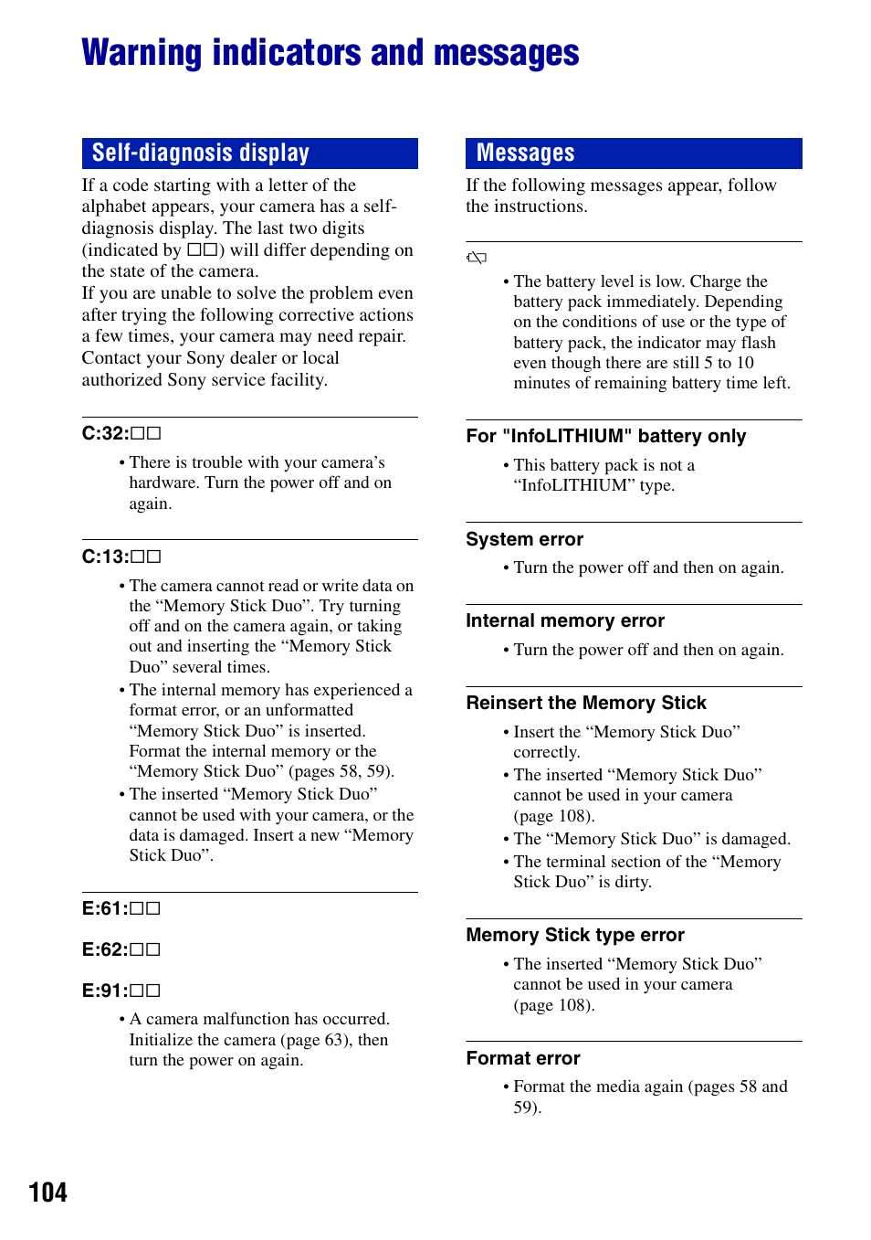 Warning indicators and messages, Self-diagnosis display messages | Sony DSC-T10 User Manual | Page 104 / 116