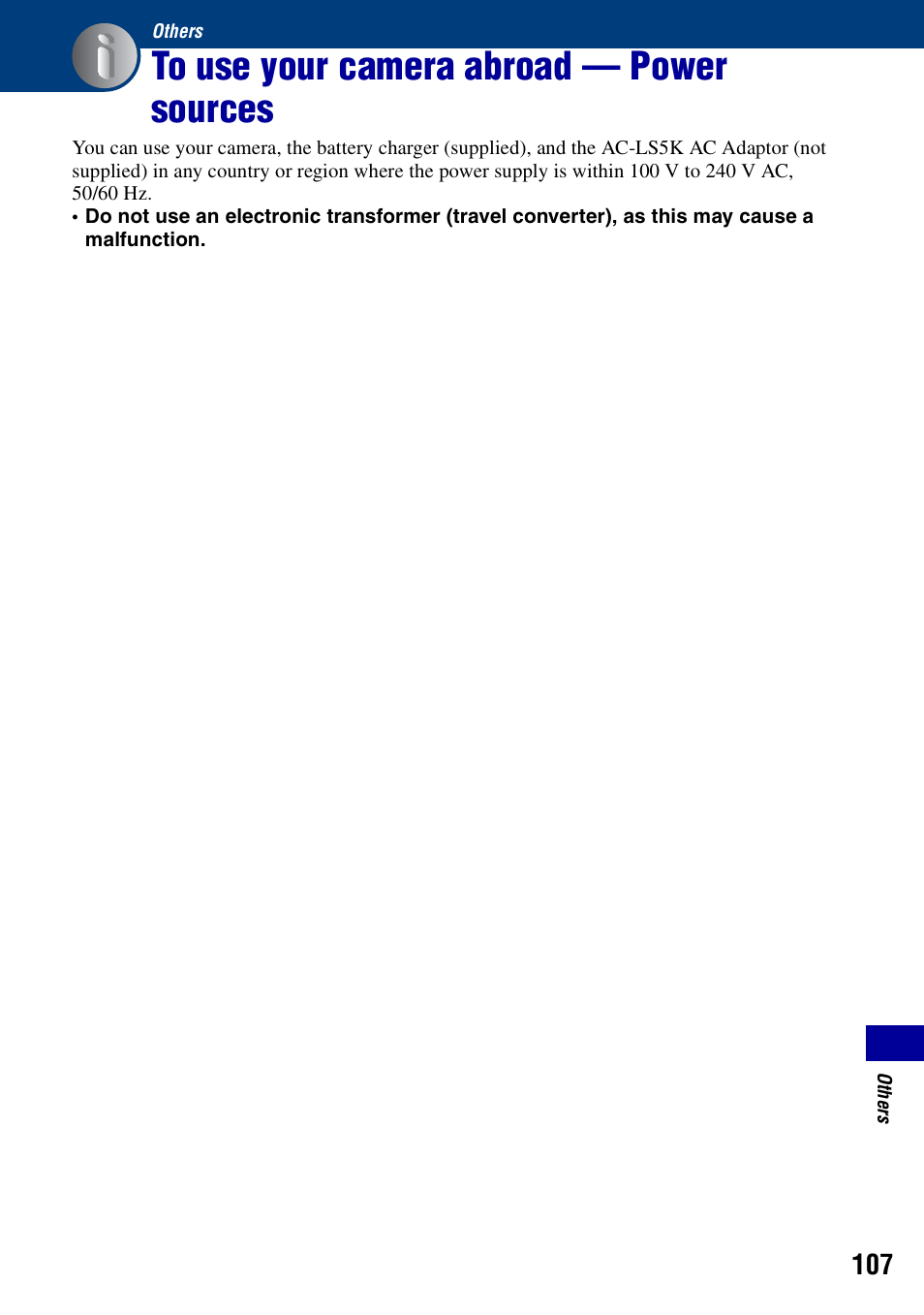 Others, To use your camera abroad - power sources, To use your camera abroad — power sources | Sony DSC-T10 User Manual | Page 107 / 116