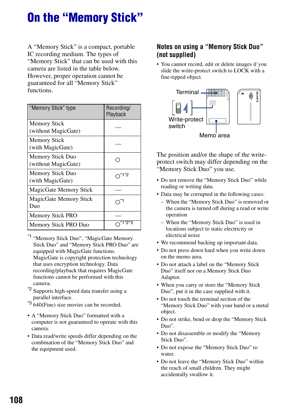 On the “memory stick | Sony DSC-T10 User Manual | Page 108 / 116