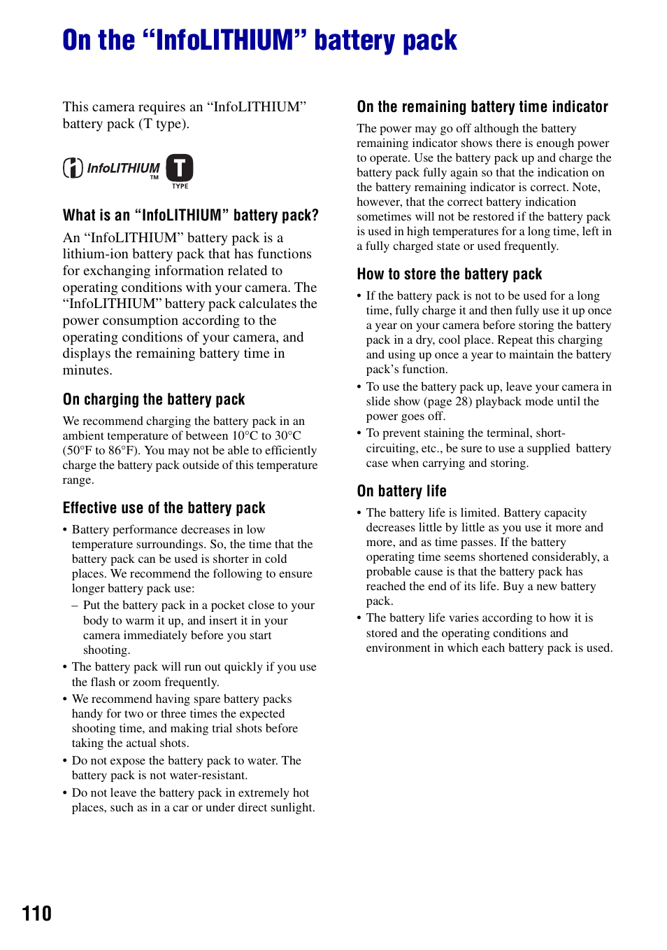 On the “infolithium” battery pack | Sony DSC-T10 User Manual | Page 110 / 116