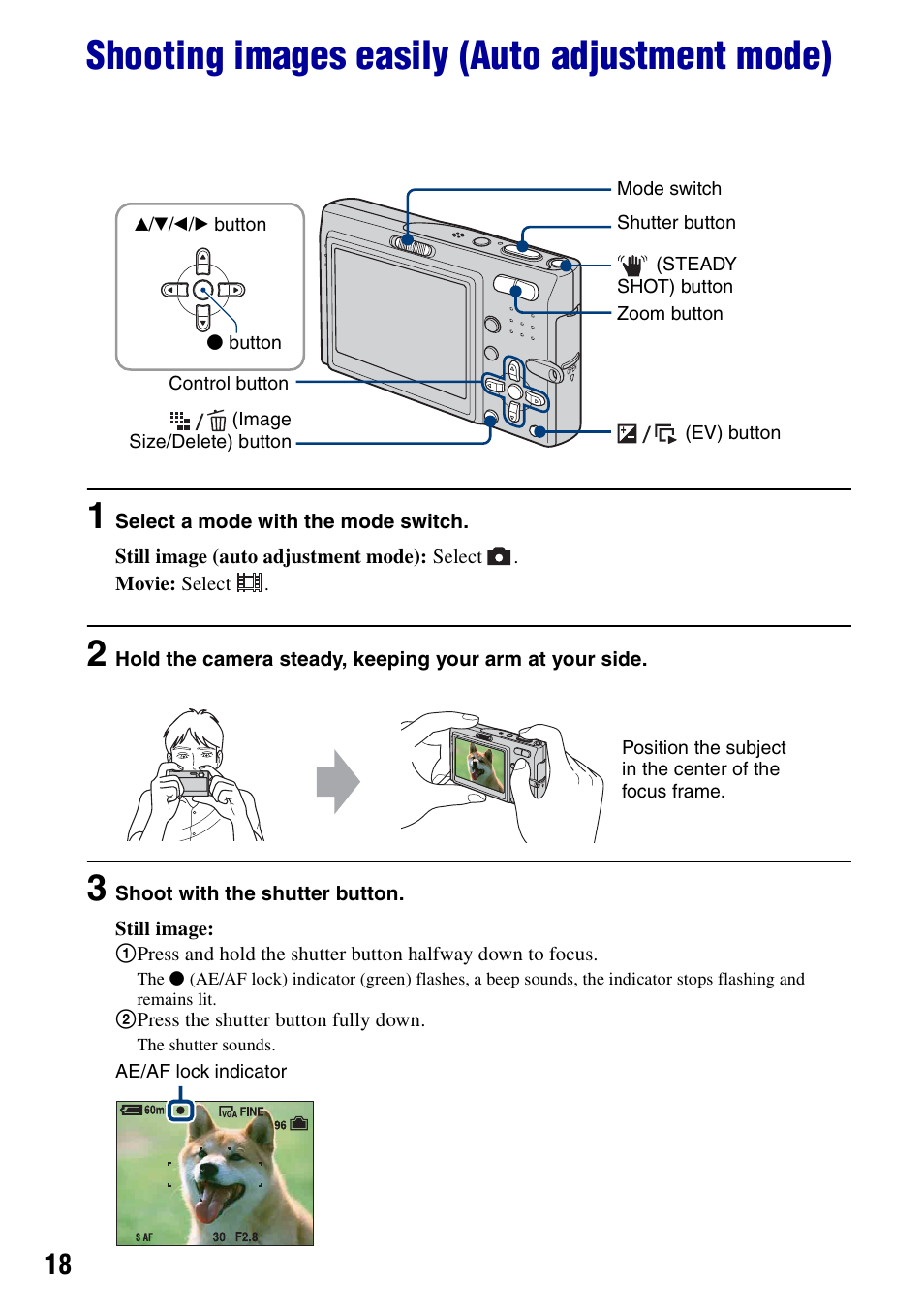 Shooting images easily (auto adjustment mode) | Sony DSC-T10 User Manual | Page 18 / 116