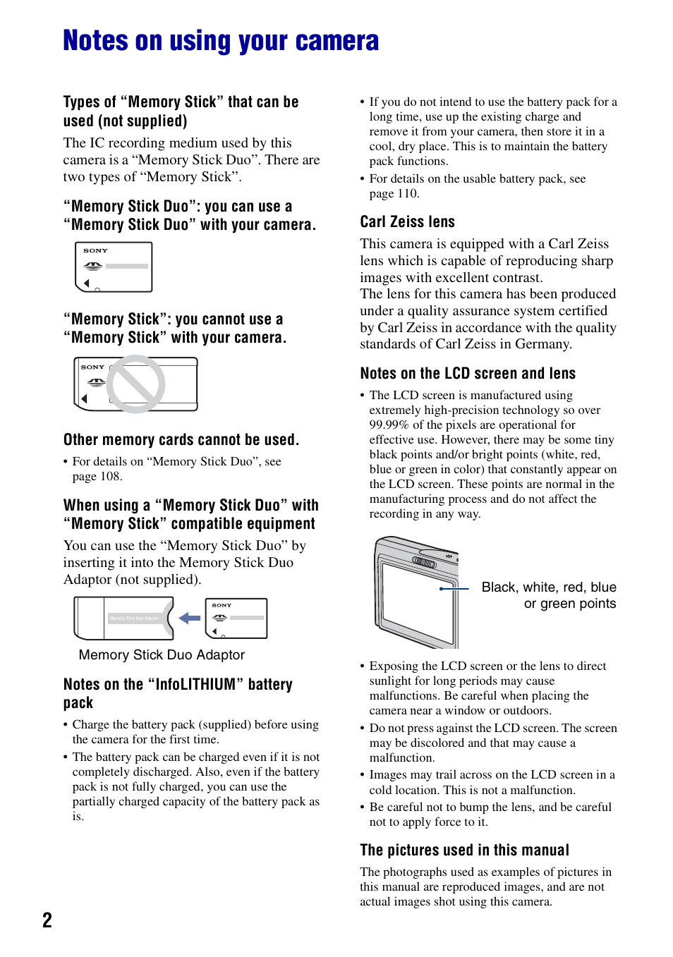 Notes on using your camera | Sony DSC-T10 User Manual | Page 2 / 116