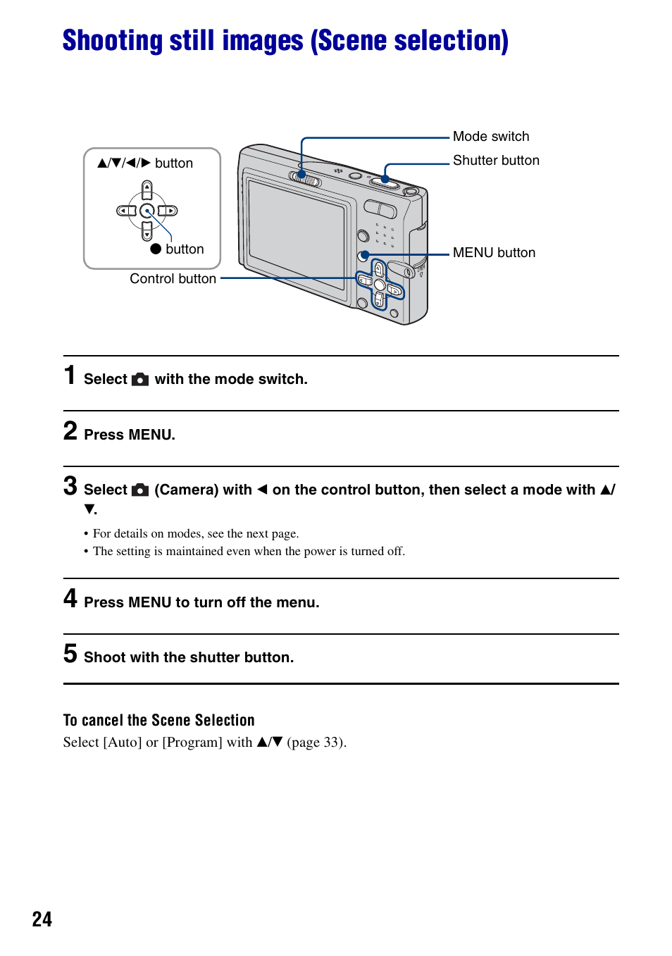 Shooting still images (scene selection) | Sony DSC-T10 User Manual | Page 24 / 116