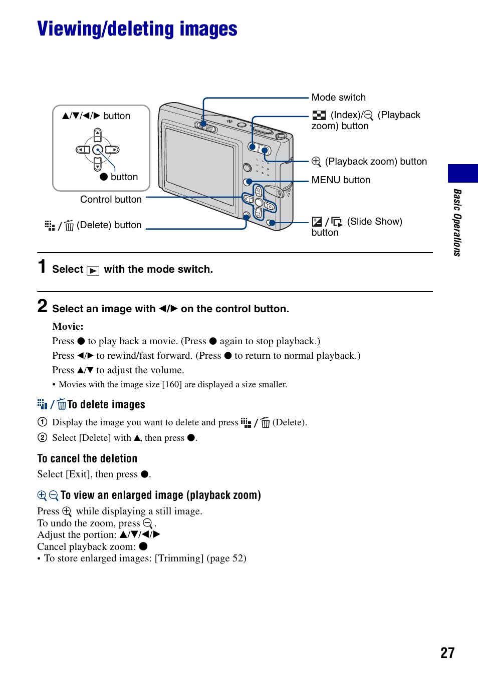 Viewing/deleting images, N (27 | Sony DSC-T10 User Manual | Page 27 / 116