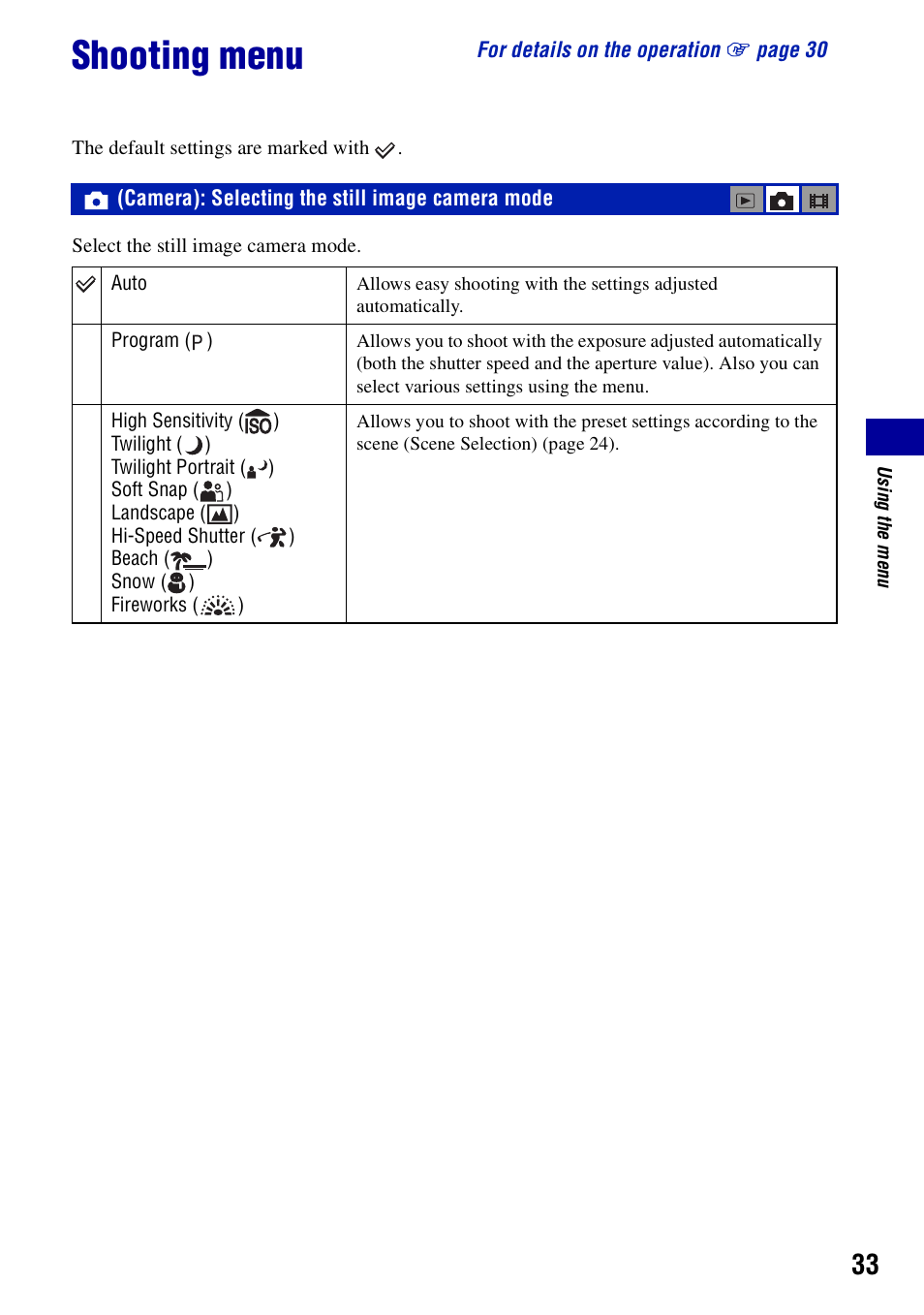 Shooting menu, Camera: selecting the still image camera mode, Camera): selecting the still image camera mode | Sony DSC-T10 User Manual | Page 33 / 116