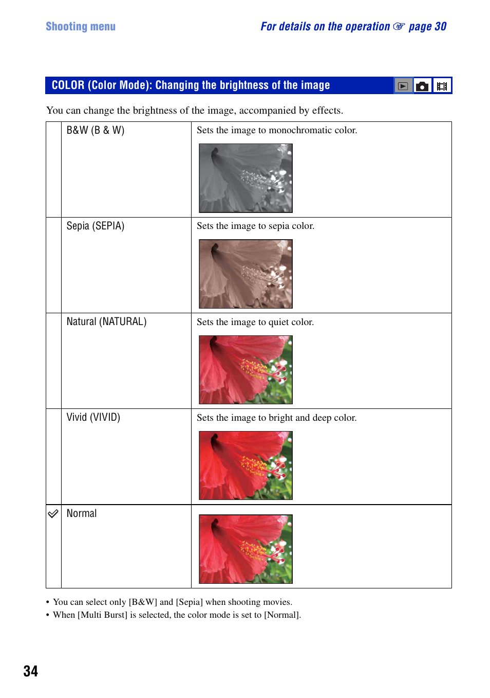 Color mode: changing the brightness of the image | Sony DSC-T10 User Manual | Page 34 / 116