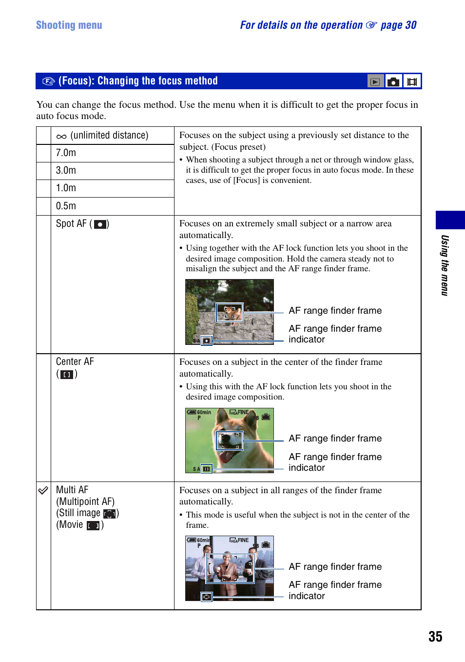 Focus: changing the focus method, Focus): changing the focus method | Sony DSC-T10 User Manual | Page 35 / 116