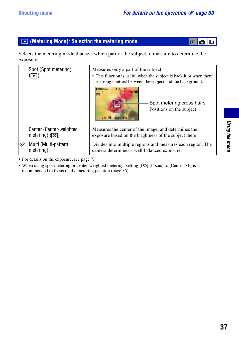 Metering mode: selecting the metering mode, Metering mode): selecting the metering mode | Sony DSC-T10 User Manual | Page 37 / 116