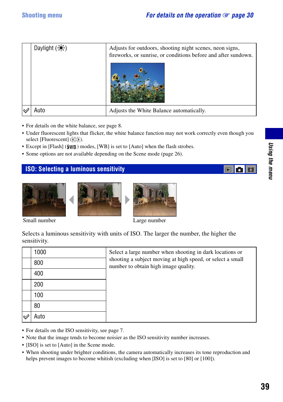 Iso: selecting a luminous sensitivity | Sony DSC-T10 User Manual | Page 39 / 116