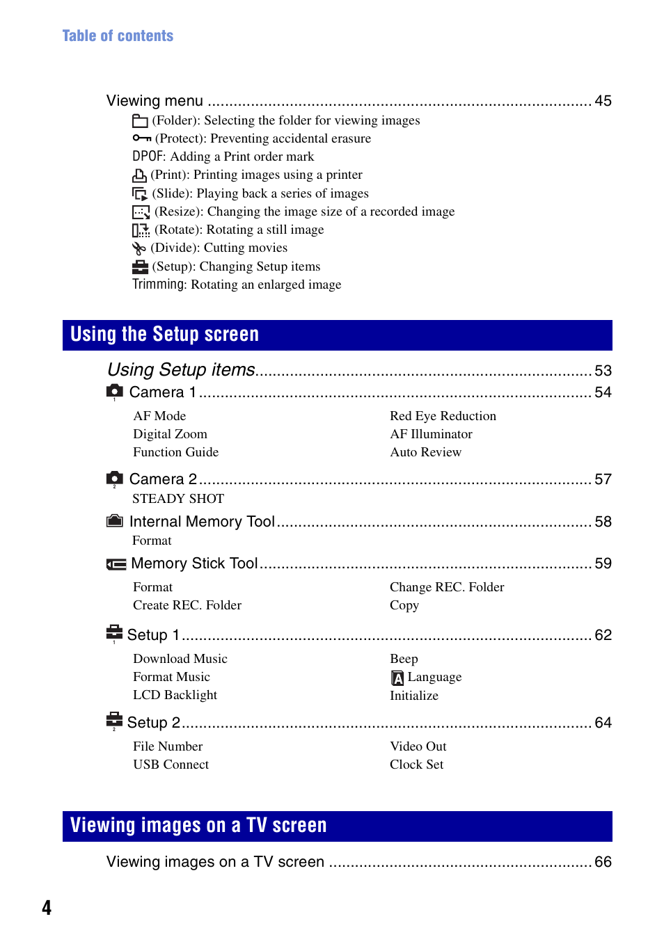 Using setup items | Sony DSC-T10 User Manual | Page 4 / 116