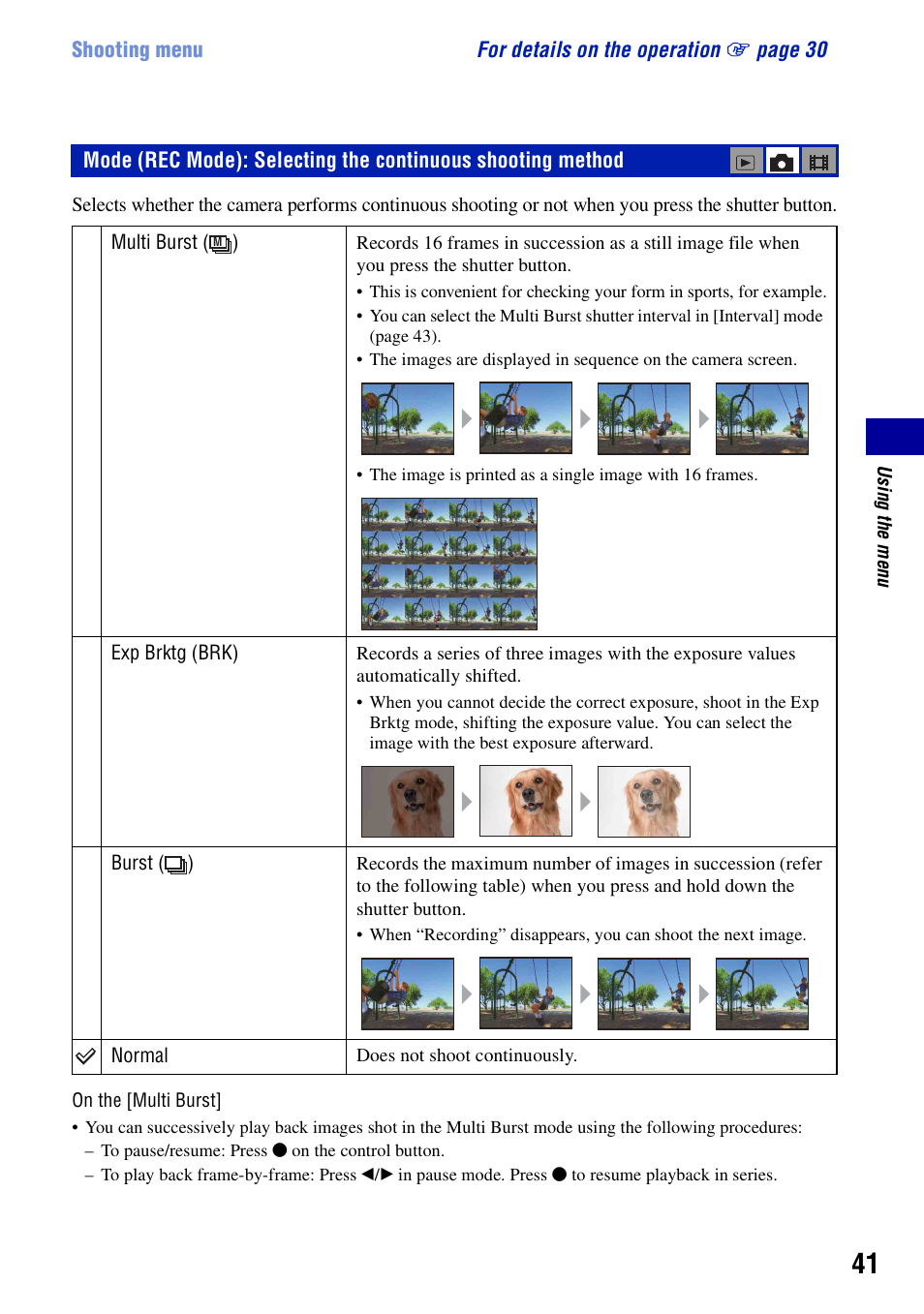 Rec mode: selecting the continuous shooting method | Sony DSC-T10 User Manual | Page 41 / 116