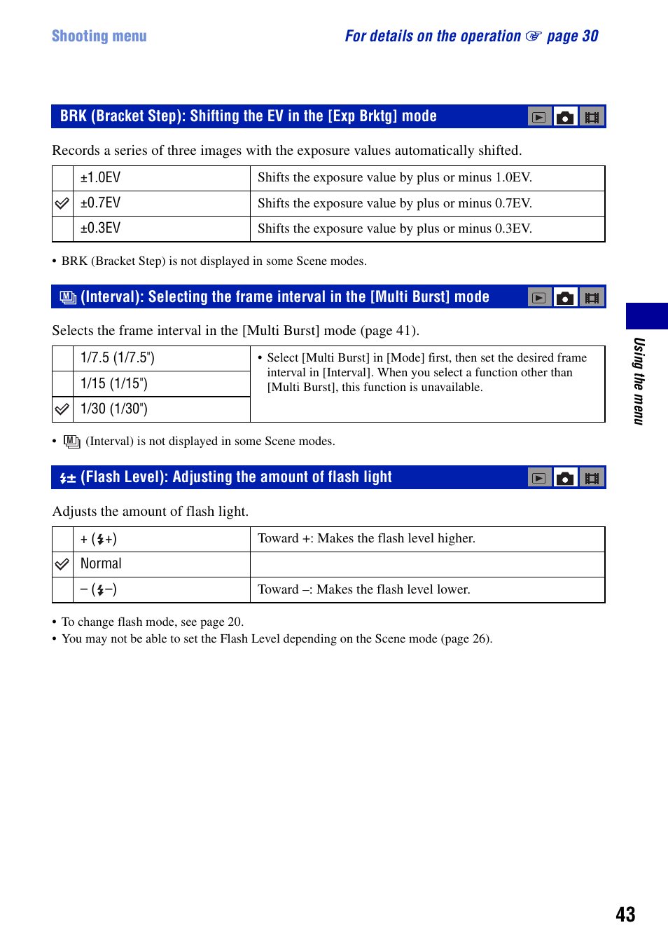 Flash level: adjusting the amount of flash light | Sony DSC-T10 User Manual | Page 43 / 116