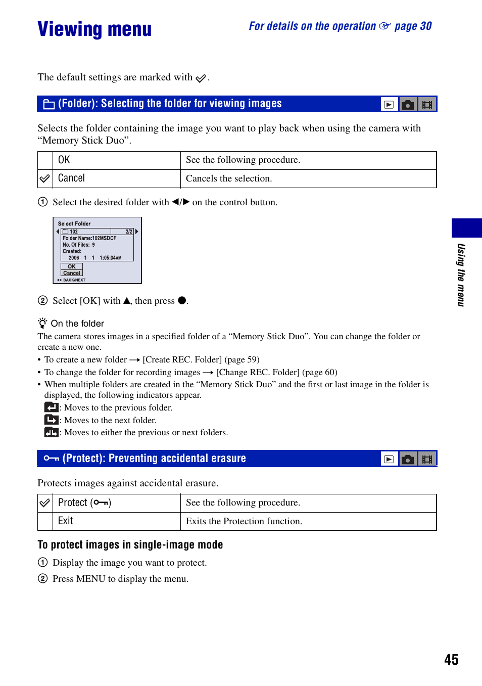 Viewing menu, Folder: selecting the folder for viewing images, Protect: preventing accidental erasure | Folder): selecting the folder for viewing images, Protect): preventing accidental erasure | Sony DSC-T10 User Manual | Page 45 / 116