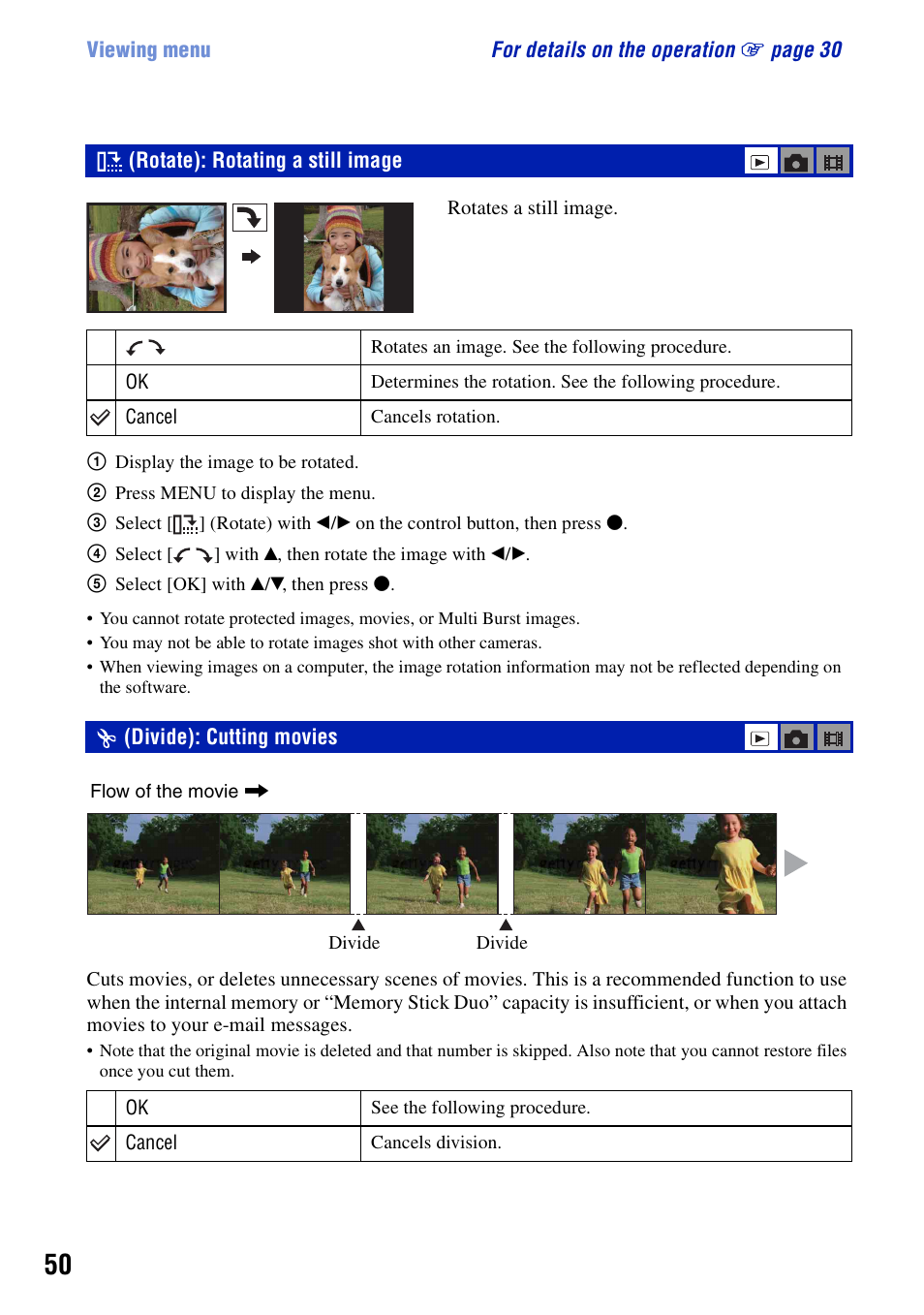 Rotate: rotating a still image, Divide: cutting movies, Rotate): rotating a still image | Divide): cutting movies | Sony DSC-T10 User Manual | Page 50 / 116