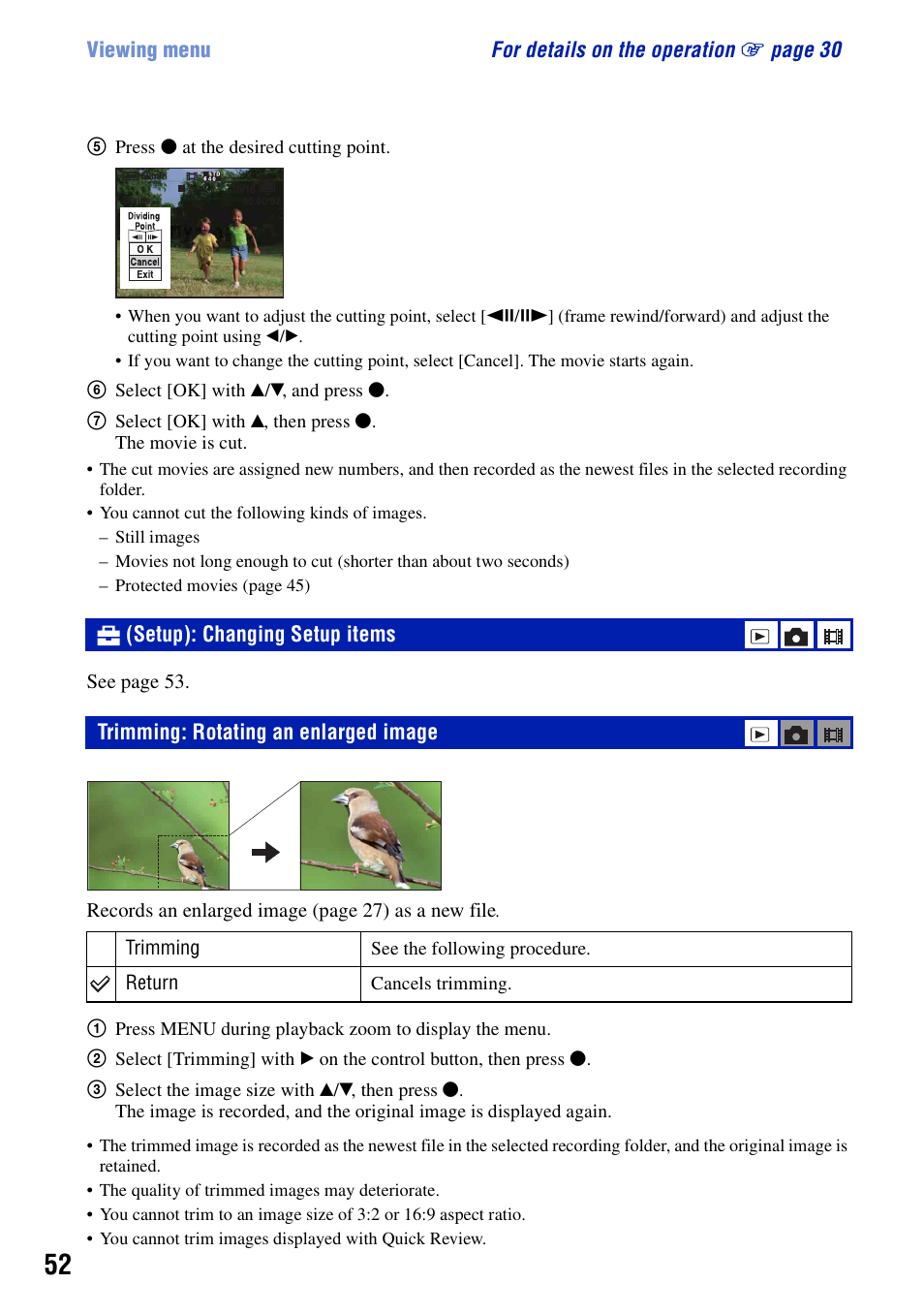 Setup: changing setup items, Trimming: rotating an enlarged image | Sony DSC-T10 User Manual | Page 52 / 116