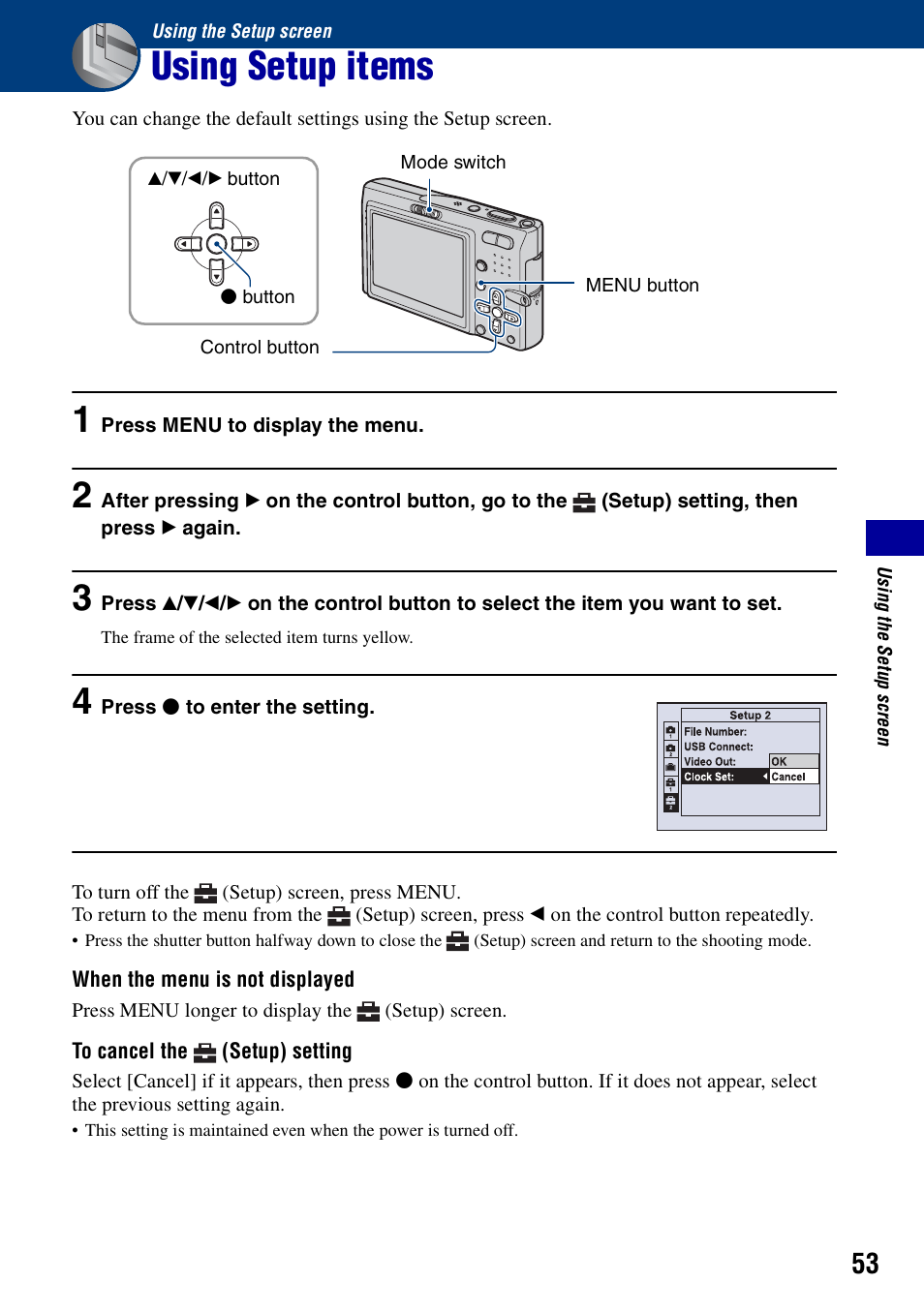 Using the setup screen, Using setup items | Sony DSC-T10 User Manual | Page 53 / 116