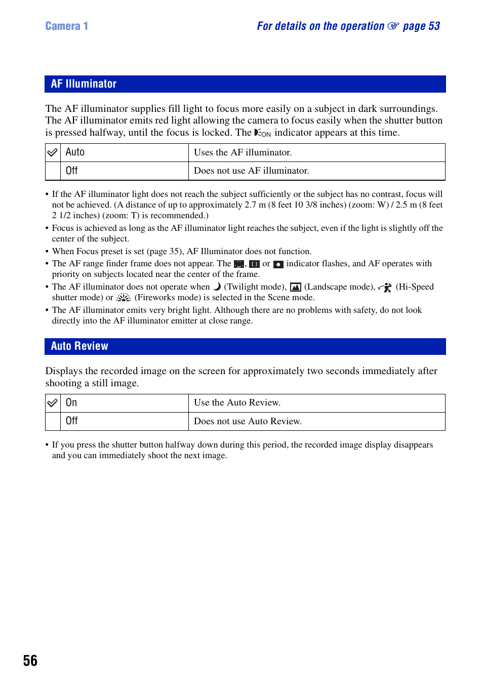 Af illuminator, Auto review, Af illuminator auto review | Sony DSC-T10 User Manual | Page 56 / 116