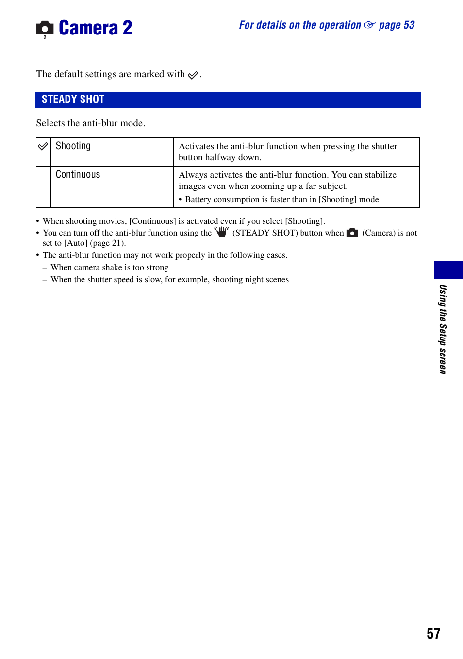 Camera 2, Steady shot | Sony DSC-T10 User Manual | Page 57 / 116