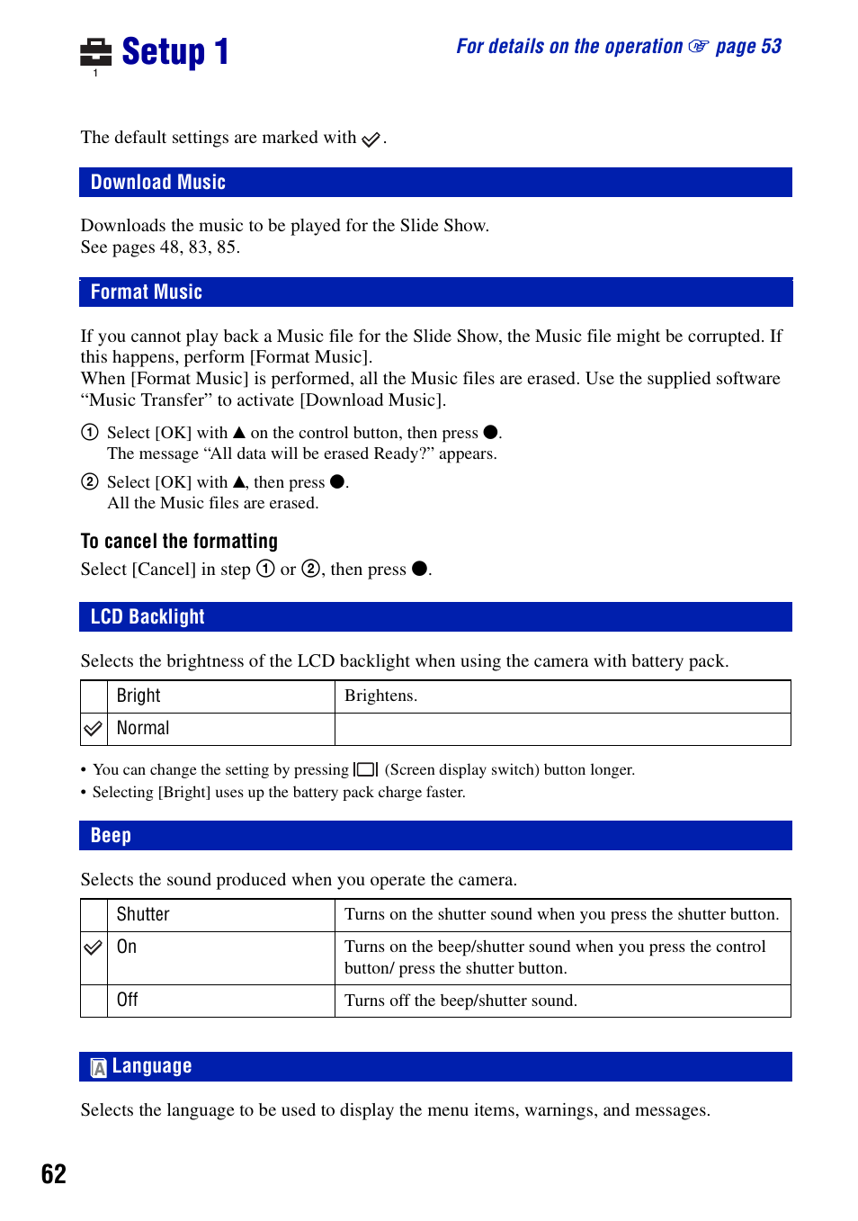Setup 1, Download music, Format music | Lcd backlight, Beep, Language, Download music format music lcd backlight | Sony DSC-T10 User Manual | Page 62 / 116
