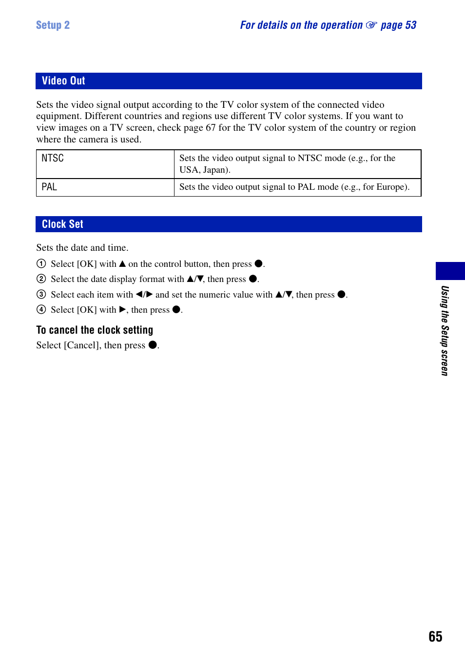 Video out, Clock set, Video out clock set | Sony DSC-T10 User Manual | Page 65 / 116