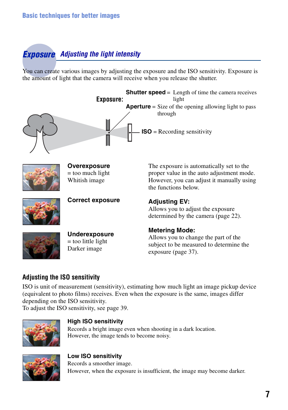 Exposure, Exposure – adjusting the light intensity | Sony DSC-T10 User Manual | Page 7 / 116