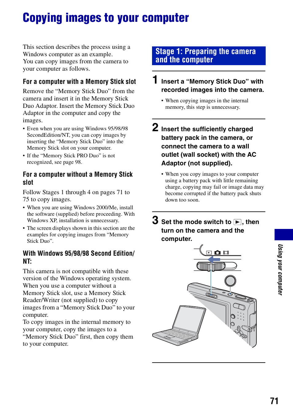 Copying images to your computer, Stage 1: preparing the camera and the computer | Sony DSC-T10 User Manual | Page 71 / 116