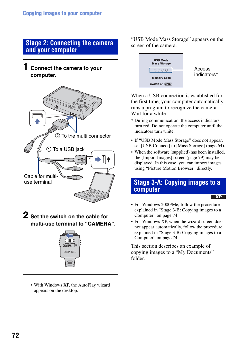 72 a, Stage 2: connecting the camera and your computer, Stage 3-a: copying images to a computer | Sony DSC-T10 User Manual | Page 72 / 116