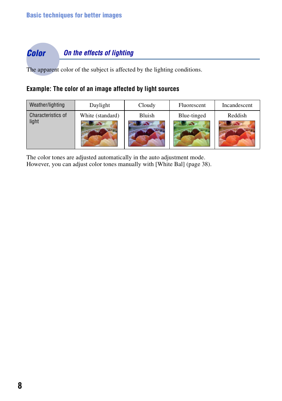 Color, On the effects of lighting | Sony DSC-T10 User Manual | Page 8 / 116