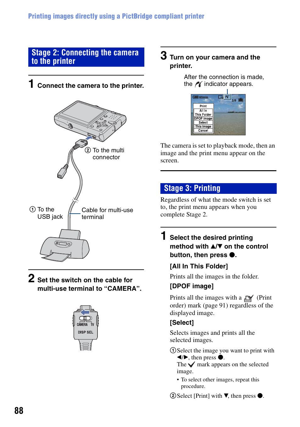 Stage 2: connecting the camera to the printer, Stage 3: printing | Sony DSC-T10 User Manual | Page 88 / 116