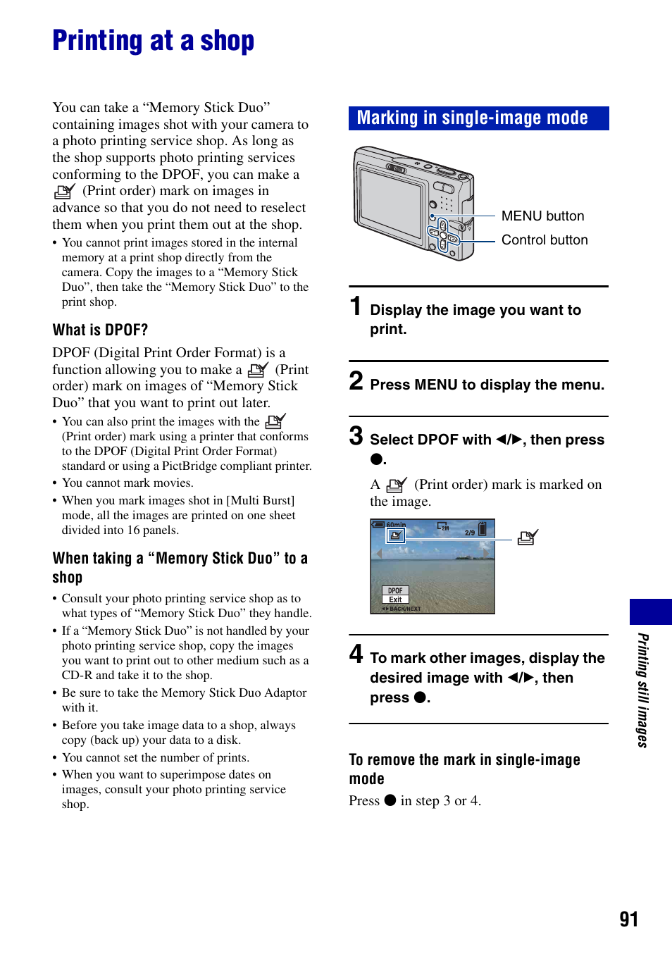 Printing at a shop, Marking in single-image mode | Sony DSC-T10 User Manual | Page 91 / 116