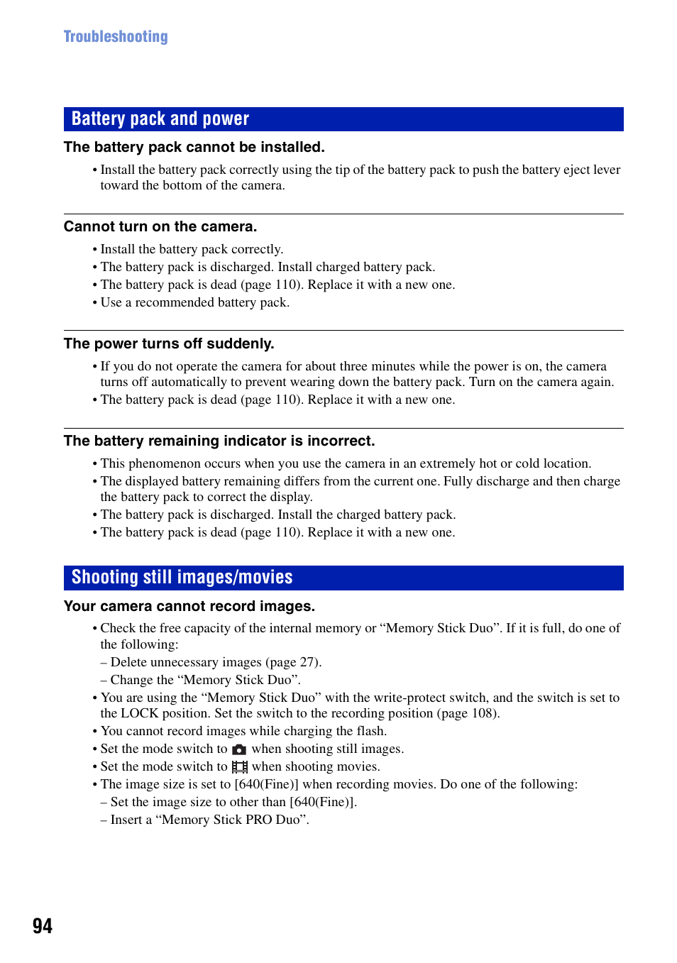 Battery pack and power, Shooting still images/movies | Sony DSC-T10 User Manual | Page 94 / 116