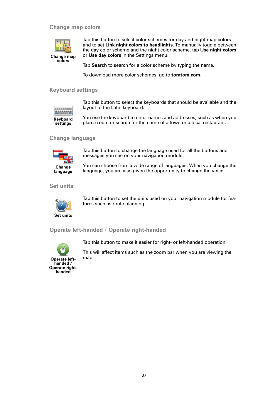 Change map colors, Keyboard settings, Change language | Set units, Operate left-handed / operate right-handed | Sony XA-NV100T User Manual | Page 37 / 63