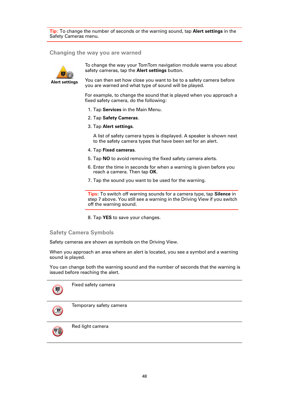 Changing the way you are warned, Safety camera symbols | Sony XA-NV100T User Manual | Page 48 / 63