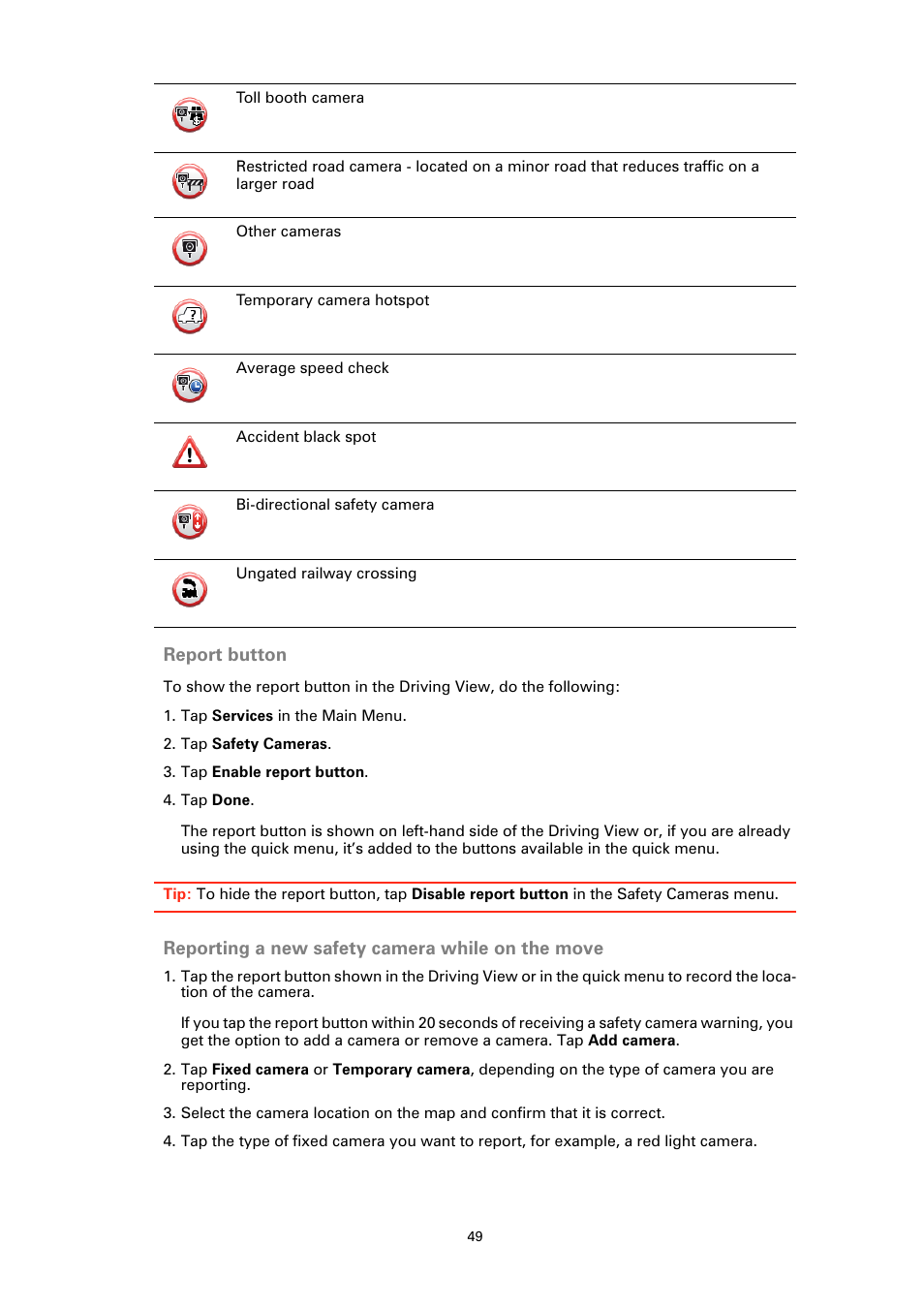 Report button, Reporting a new safety camera while on the move | Sony XA-NV100T User Manual | Page 49 / 63