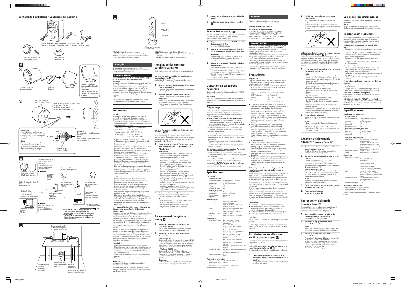 Power on off volume bass min max min max phones, Bd c | Sony SRS-D211 User Manual | Page 2 / 2