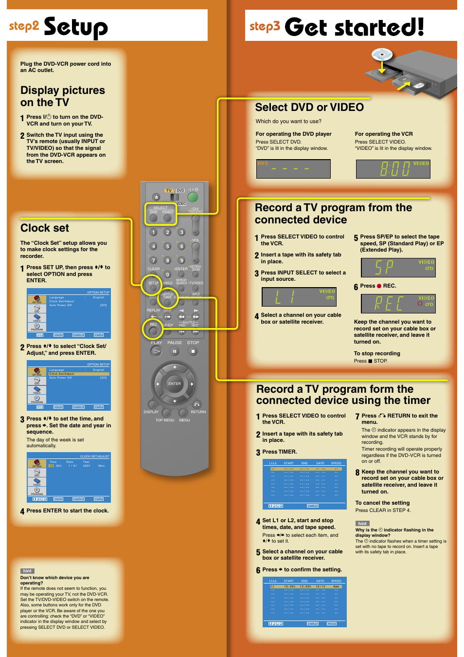 Clock set, Record a tv program from the connected device, Display pictures on the tv | Select dvd or video | Sony SLV-D380P User Manual | Page 2 / 2