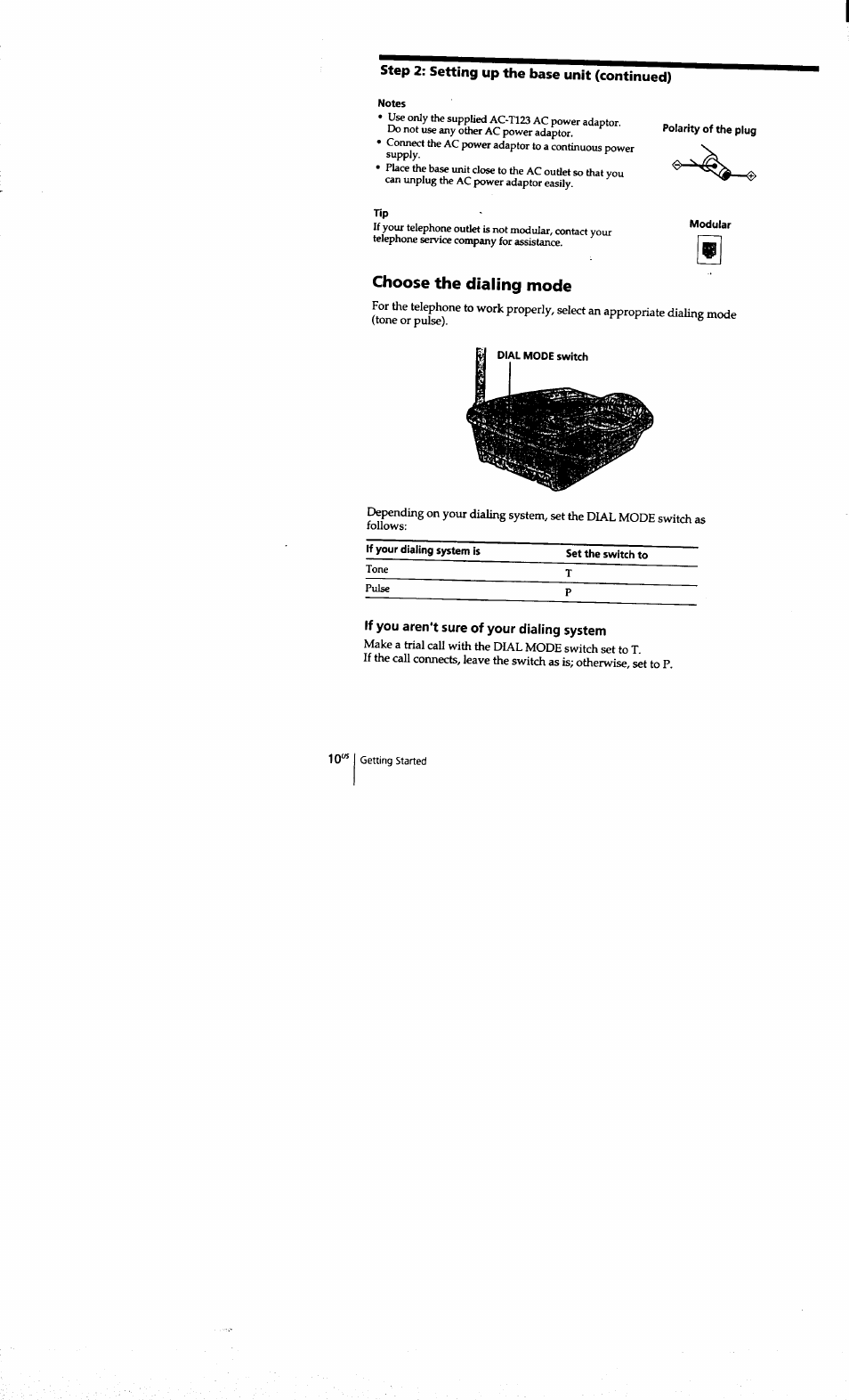 Step 2: setting up the base unit (continued), Notes, Choose the dialing mode | If you aren't sure of your dialing system | Sony SPP-S9101 User Manual | Page 10 / 94